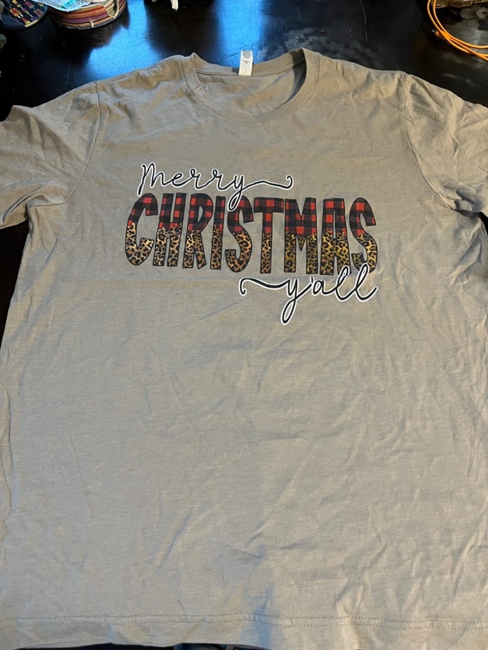 Bella Canvas Gray 'Merry Christmas Y'all' Graphic Tee with Plaid & Leopard